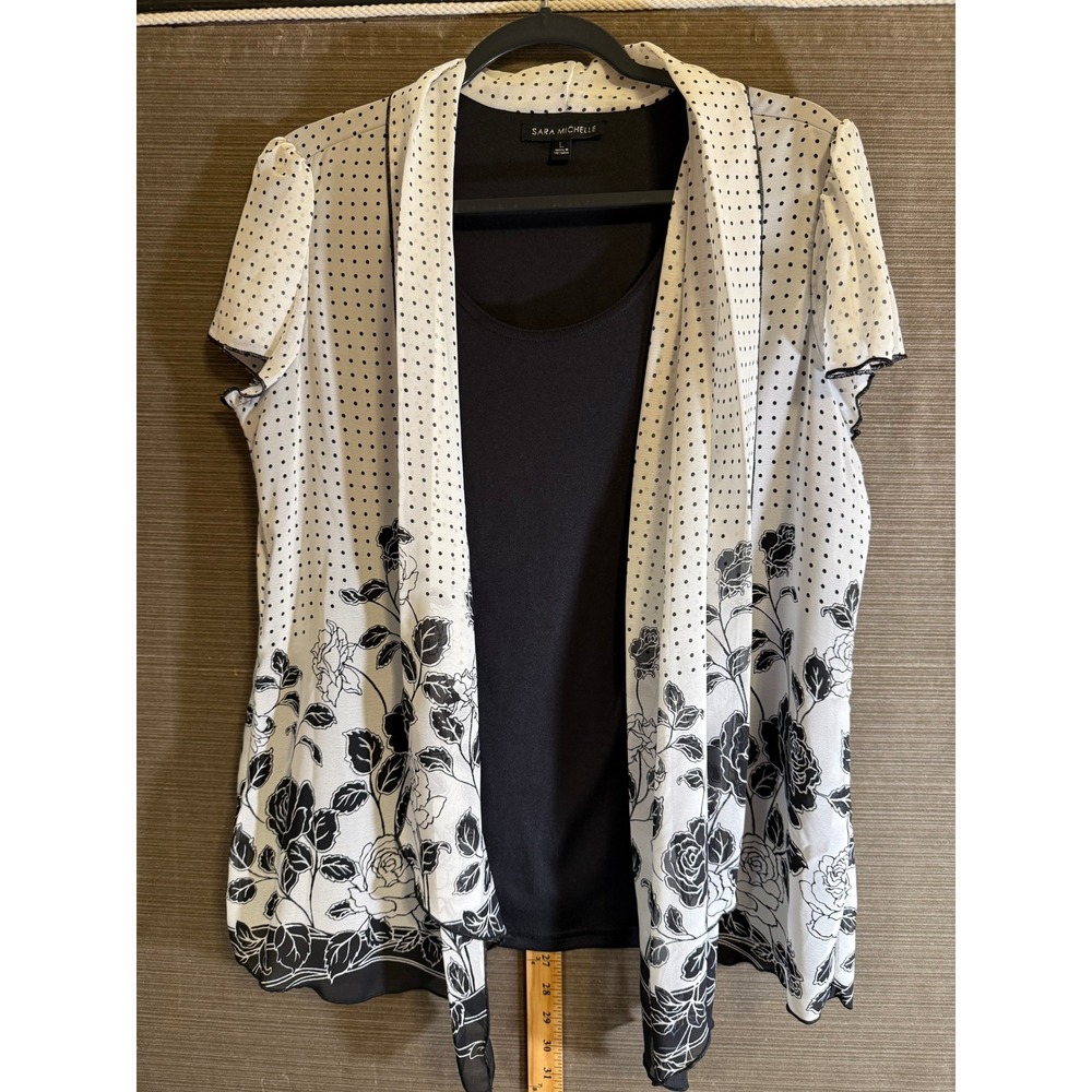 Sara Michelle Womens Large 2 Piece Set Polka Dot Floral Cardigan and Tank Black